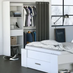 Demeyere Dressing Extensible Blanc Perle Avec Rideau Taupe -ATMOSPHERA Soldes armoire placard extensible avec rideau blanc perle 2