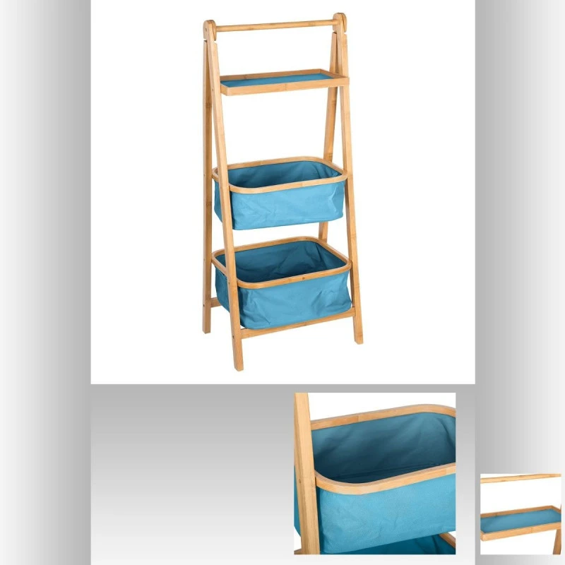 Colonne Pliante 2 Paniers Bleus Et 1 Plateau En Bambou 2 Colonne Pliante 2 Paniers Bleus Et 1 Plateau En Bambou – Image 2