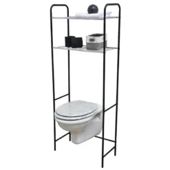 Meuble WC 2 Tablettes Pour Toilettes Noir Et Chrome