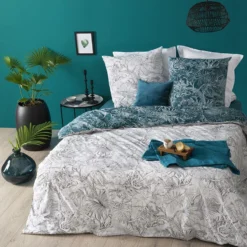 Parure De Lit Jungle Blanc/bleu Canard 240x220 Atmosphera