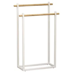 Porte Serviettes Métal Blanc 2 Barres Bambou