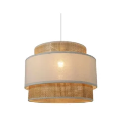 Suspension 3 Abat-jours Cannage Et Tissu Blanc Ostaria -ATMOSPHERA Soldes suspension 3 abat jours cannage et tissu blanc ostaria 3